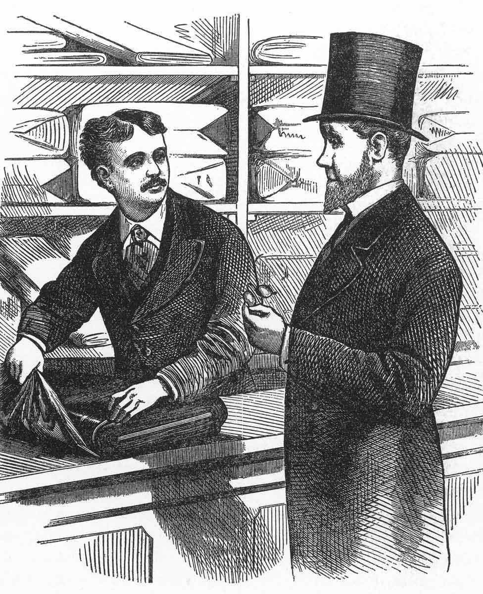 An engraving of Alexander T Stewart in his store in 1876