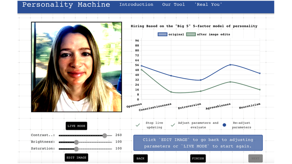 A screenshot of the Cambridge tool showing how changing lighting conditions can change scores