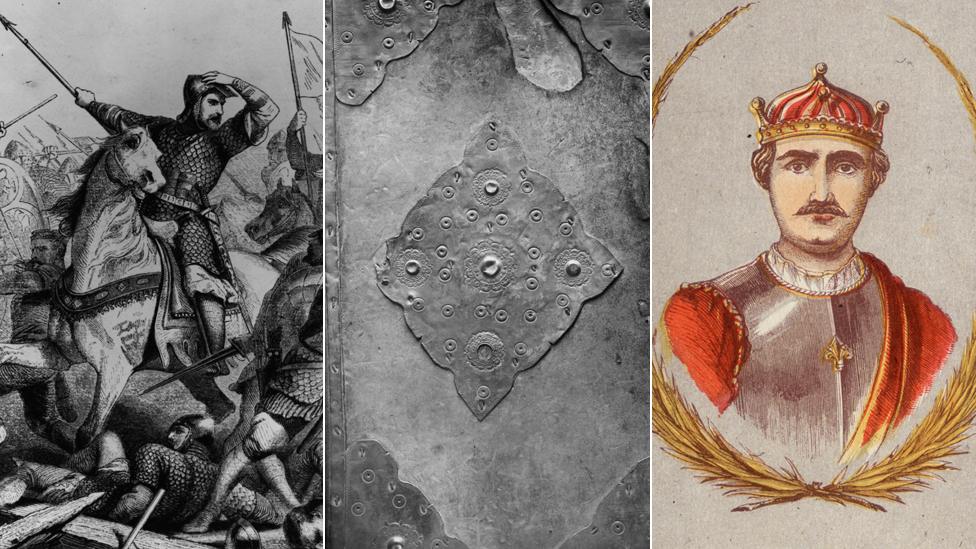 Scene from Battle of Hastings, Domesday Book and portrait of William the Conqueror