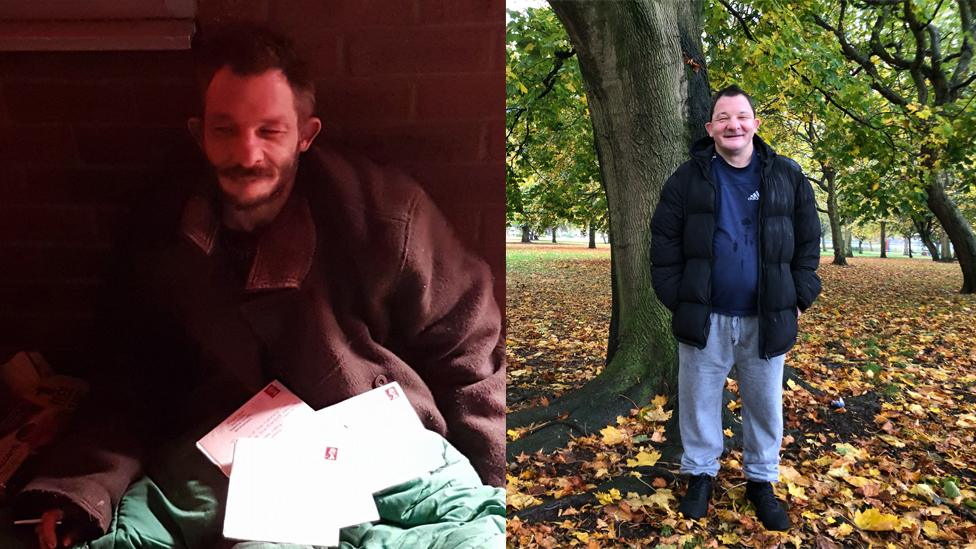 David Horne on his birthday while on the streets, and now having found a new life and a flat