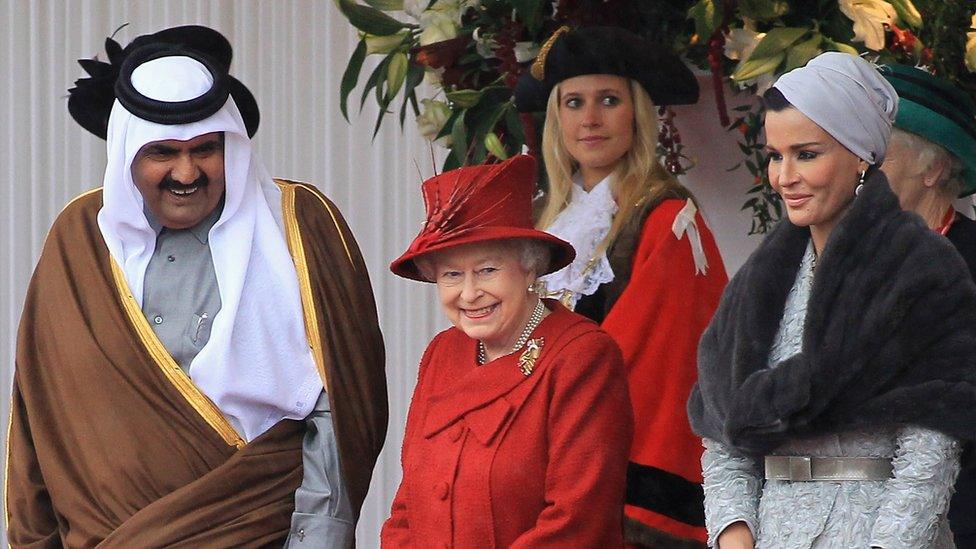 Former Emir of Qatar and his wife Sheikha Mozah bint Nasser with the Queen