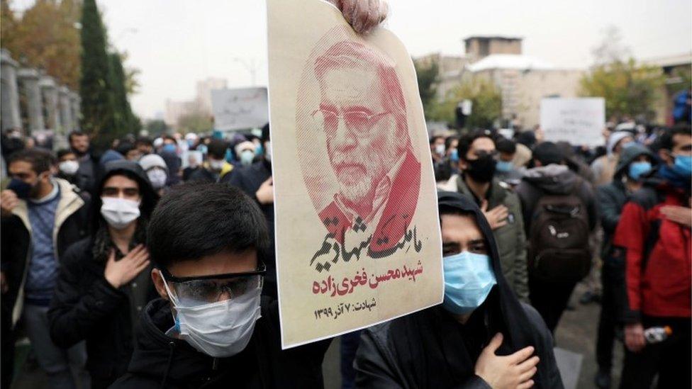 Iranian protesters demonstrate against the killing of nuclear scientist Mohsen Fakhrizadeh (Nov 2020)