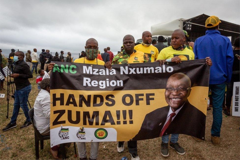 Supporters of Jacob Zuma gather near his home in Nkandla, Kwa-Zulu Natal, South Africa, 04 July 2021