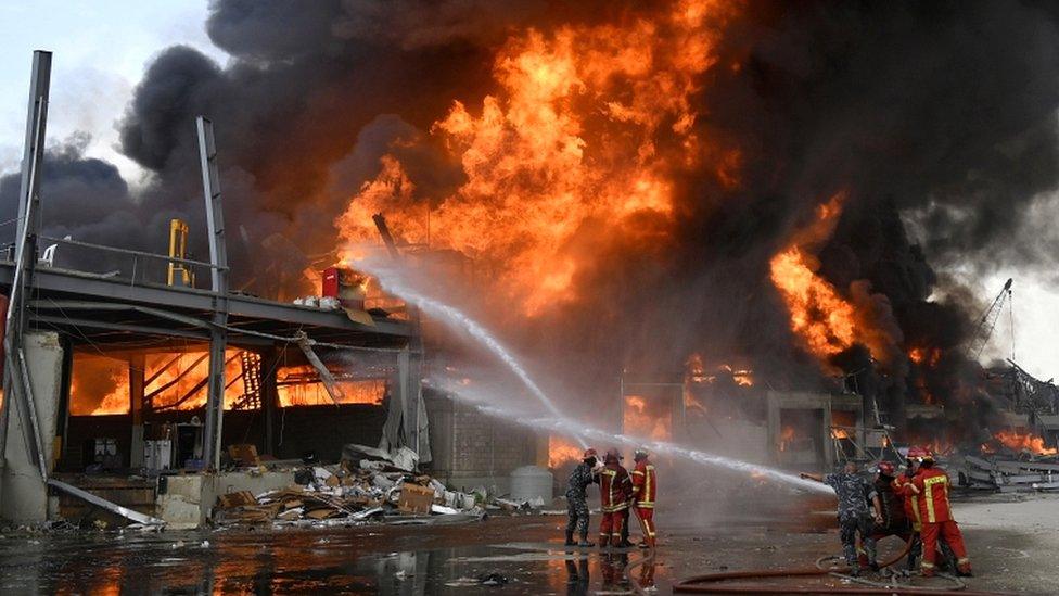 Lebanese firefighters try to extinguish a fire at Port of Beirut, Lebanon, on 10 September 2020