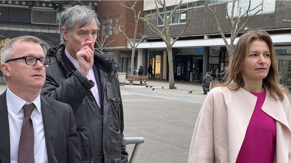 Lucy Frazer (right) with Basildon Council leader Andrew Baggott (centre) in the town