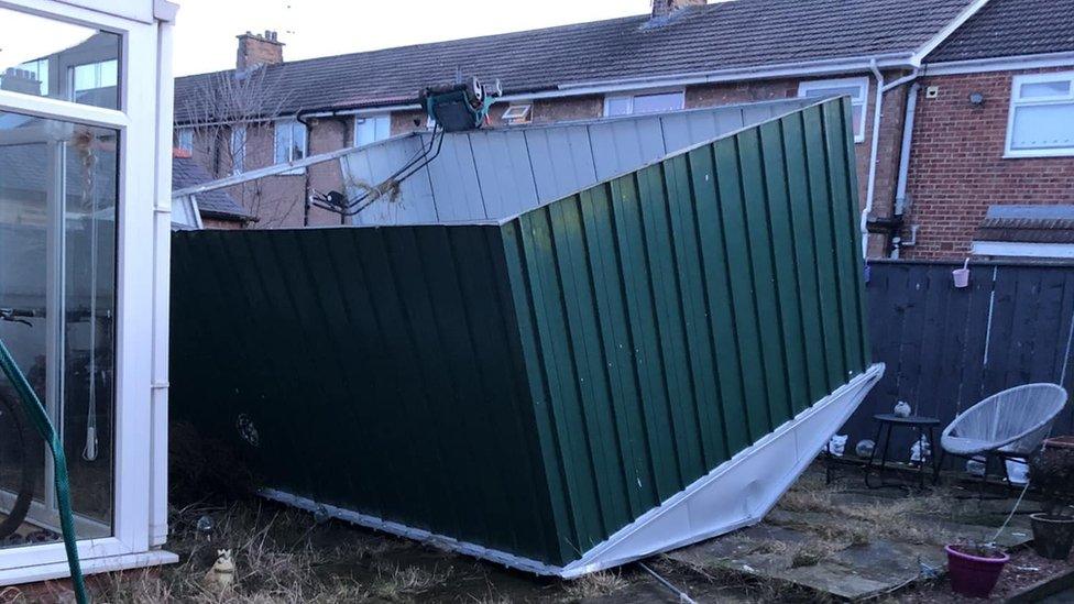 A green metal shed lying upside down in a garden