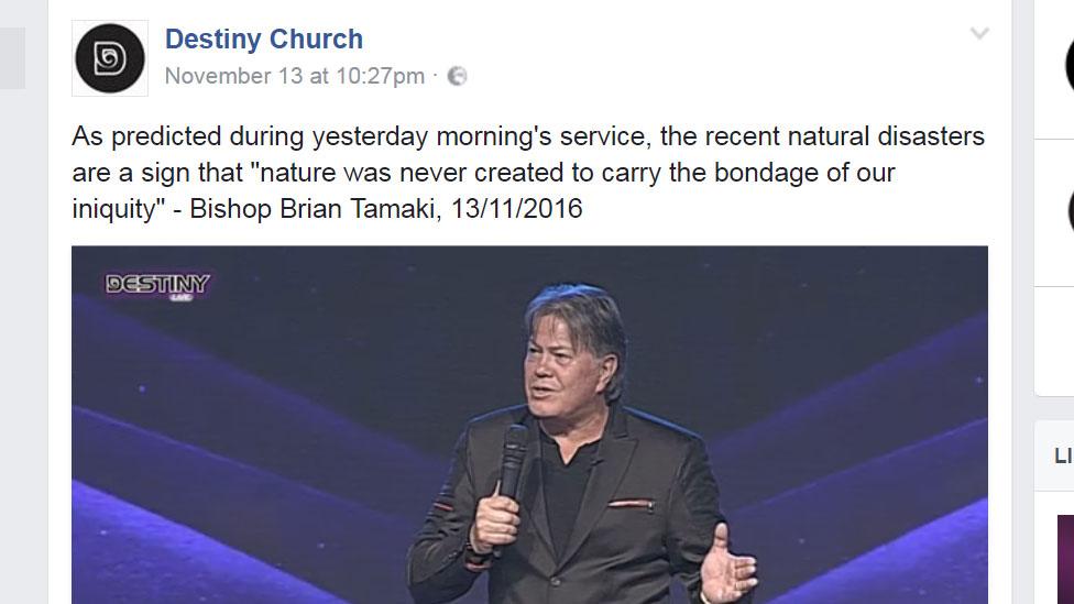 Screenshot of a Facebook page showing Brian Tamaki speaking, with the caption "As predicted during yesterday morning's service, the recent natural disasters are a sign that nature was never created to carry the bondage of our iniquity".