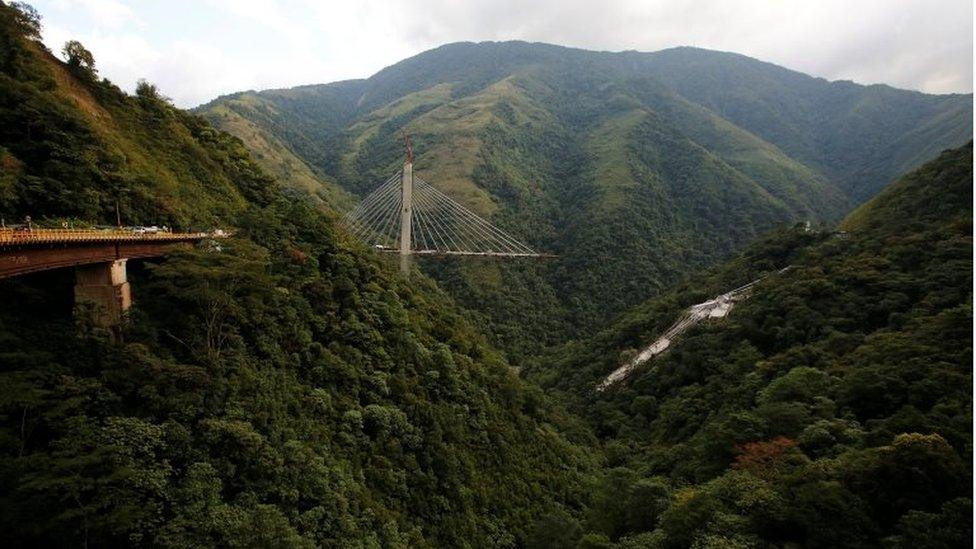 View of a bridge under construction that collapsed leaving dead and injured workers in Chirajara near Bogota, Colombia January 15, 2018.