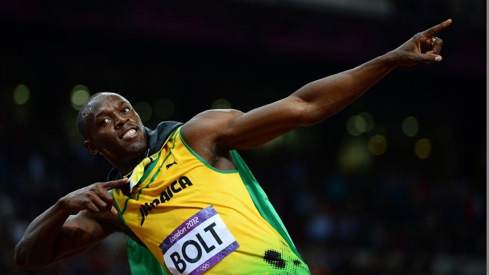 Jamaica's Usain Bolt celebrating after winning the men's 100m final at the athletics event during the London 2012 Olympic Games