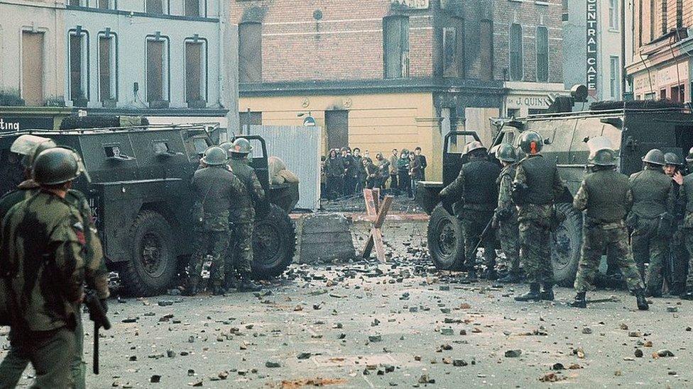 Armed forces and protestors in Londonderry on Bloody Sunday