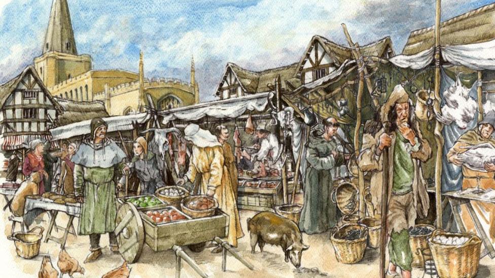 An illustration of the market place in medieval Cambridge by the artist Mark Gridley