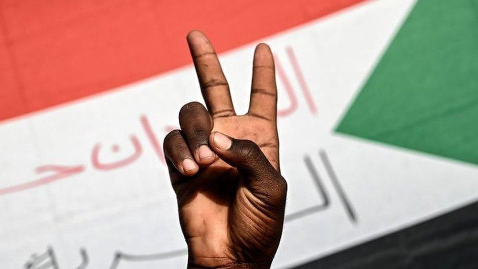 A Sudanese protester flashes victory sign in front of a national flag during a protest.