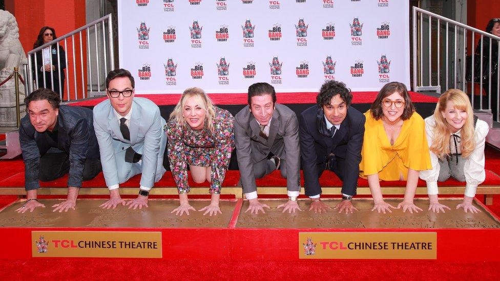 Big Bang Theory cast pose during their handprint ceremony