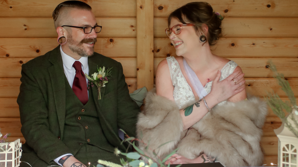 Heather and Richard Odams in the summer house on their wedding day