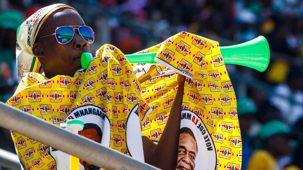 A man blows a vuvuzela during the official inauguration ceremony of President Emmerson Mnangagwa in Harare, Zimbabwe - Sunday 26 August 2018