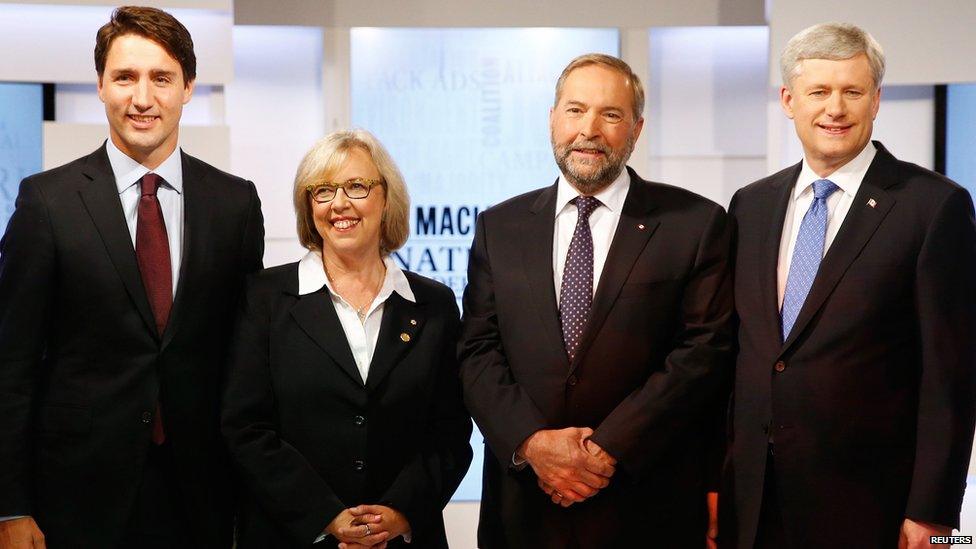 Justin Trudeau, Elizabeth May, Thomas Mulcair and Stephen Harper