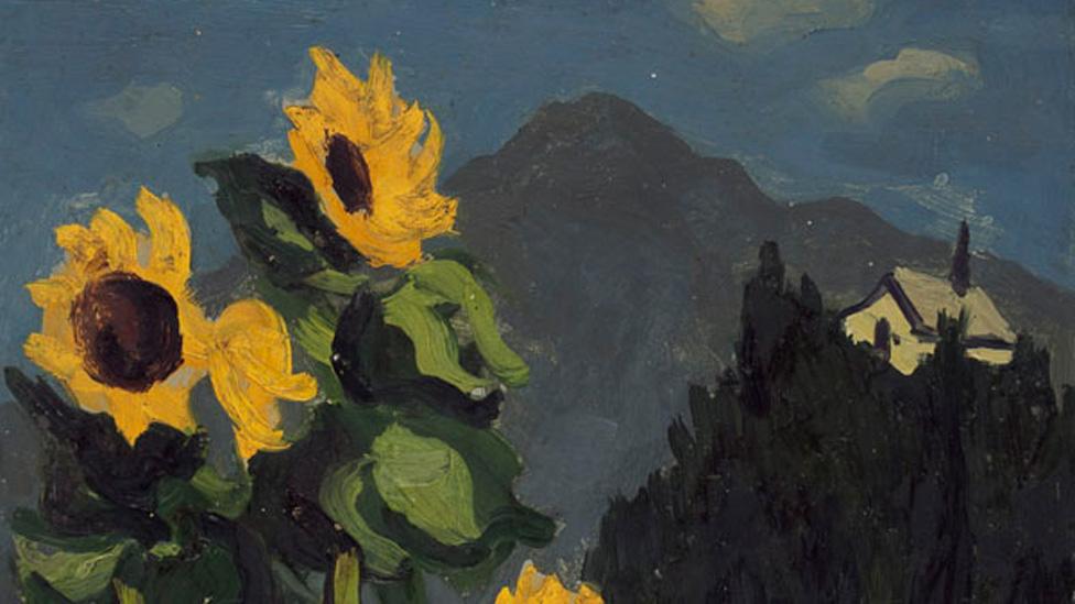 Detail of Sunflowers with mountains beyond