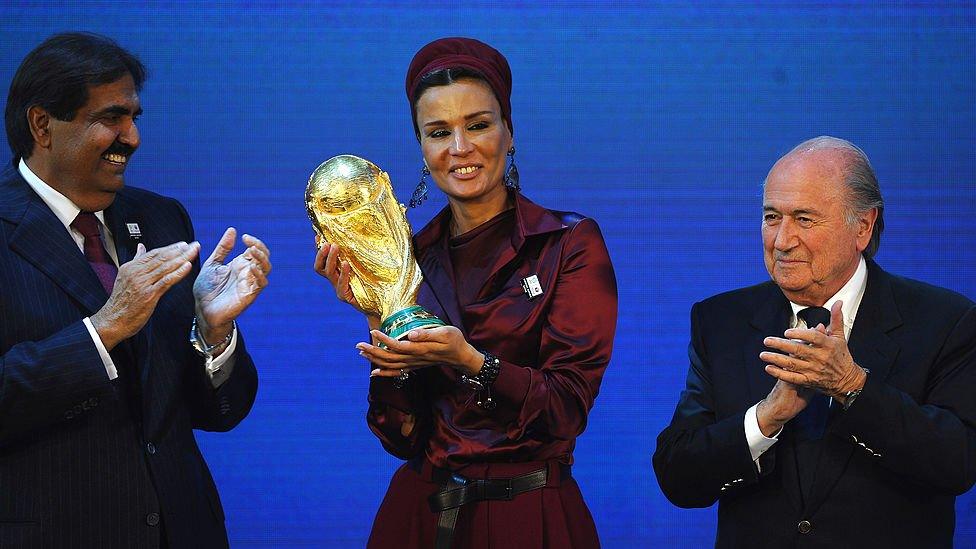 The Emir State of Qatar HH Sheikh Hamad bin Khalifa Al-Thani and Sheikha Mozah bint Nasser Al Missned are presented with the World Cup Tophy by FIFA President Sep Blatter in 2010.