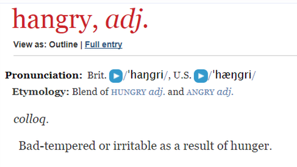 Screengrab of the definition of 'Hangry' from the Oxford English Dictionary "Bad-tempered or irritable as a result of hunger."