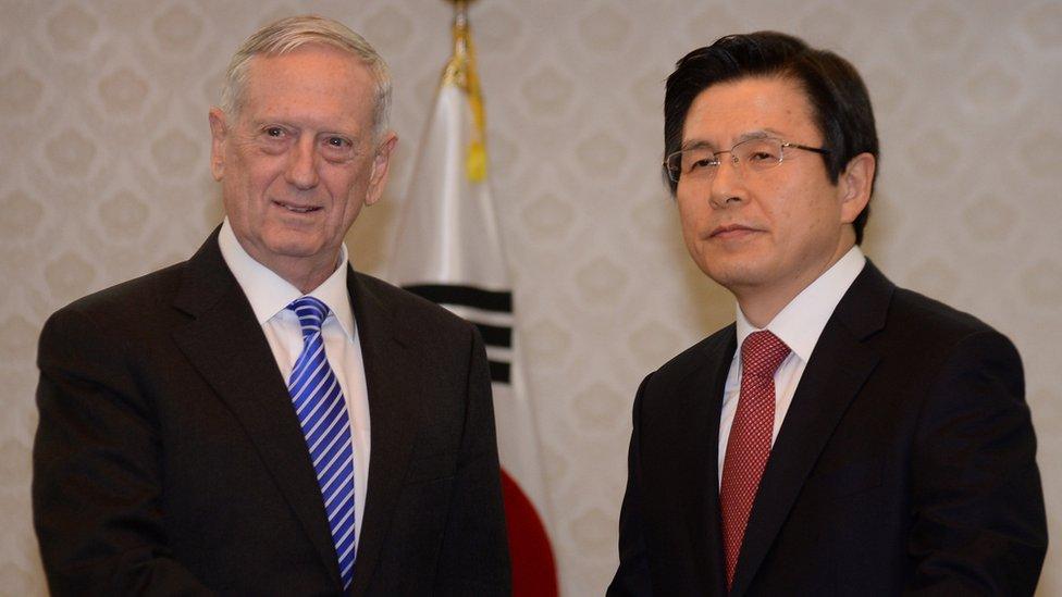 US defence secretary James Mattis (left) shakes hands with South Korea's acting President Hwang Kyo-ahn (right) in Seoul, South Korea, 2 February 2017