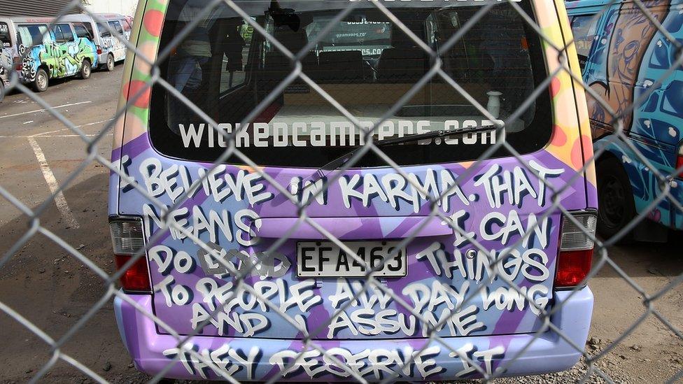 A slogan on a Wicked Campers vehicle in New Zealand reads: "I believe in karma. That means I can do things to people all day long and I assume they deserve it."