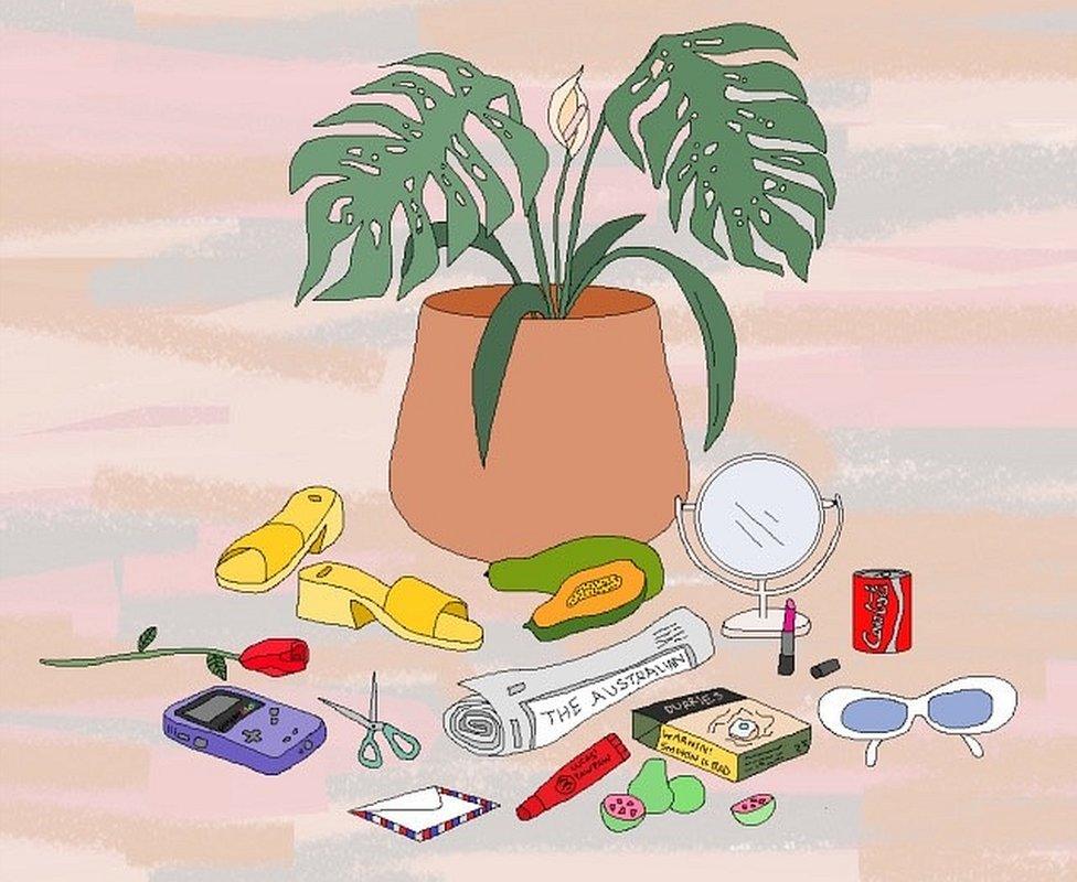 A still life digital painting, potted plant and assorted items