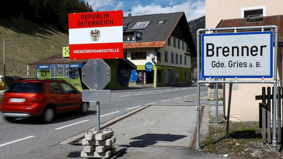 A sign reading "Brenner - Brennero" is pictured at Brenner on the Italian-Austrian border, Austria, April 12, 2016.