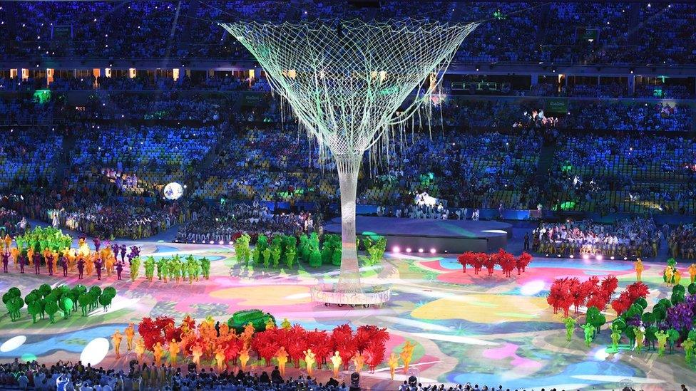 A large martini glass in the closing ceremony of the Rio 2016 Olympic Games at the Maracana stadium in Rio de Janeiro on August 21, 2016