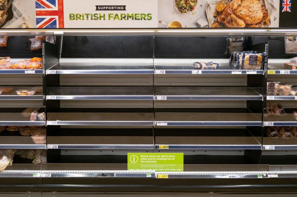 Empty shelves in an ASDA store on October 9, 2021 in Cardiff,