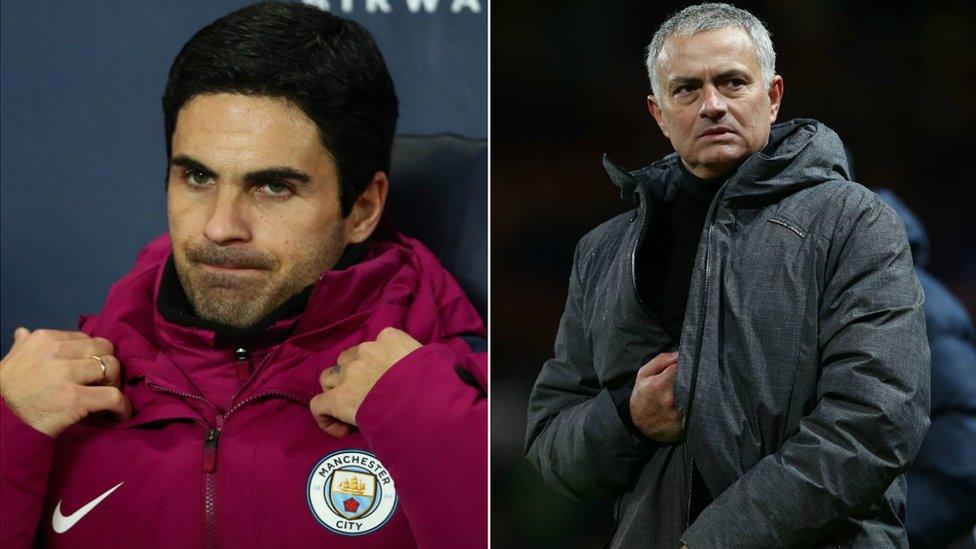 Mikel Arteta, Manchester City coach looks on. Manager Jose Mourinho of Manchester United walks off after the Premier League match