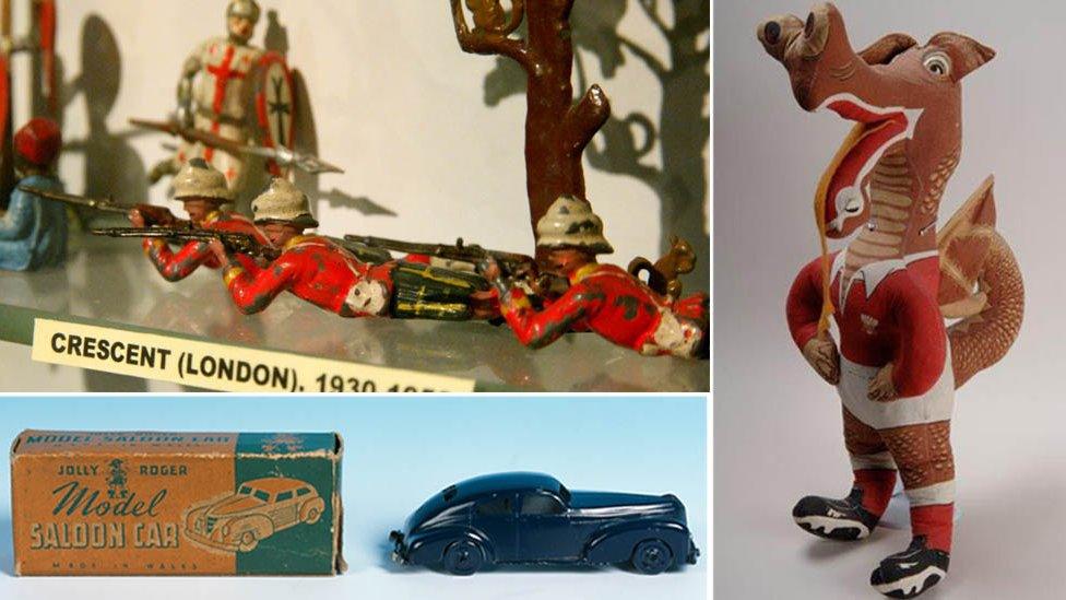 A Jolly Roger toy car, Crescent die-cast models and a Welsh rugby Mascot made by Deans, of Pontypoo