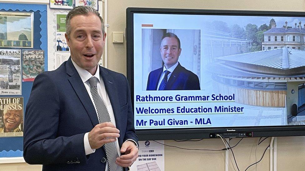 Education Minister Paul Givan speaks to staff and students at Rathmore Grammar School in south Belfast