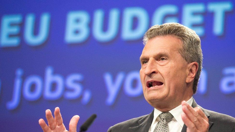 EU budget commissioner Guenther Oettinger holds a press conference at the EU Commission in Brussels, Belgium, on 30 May 2017