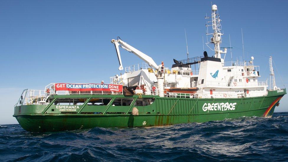 Greenpeace ship dropping a boulder into the sea