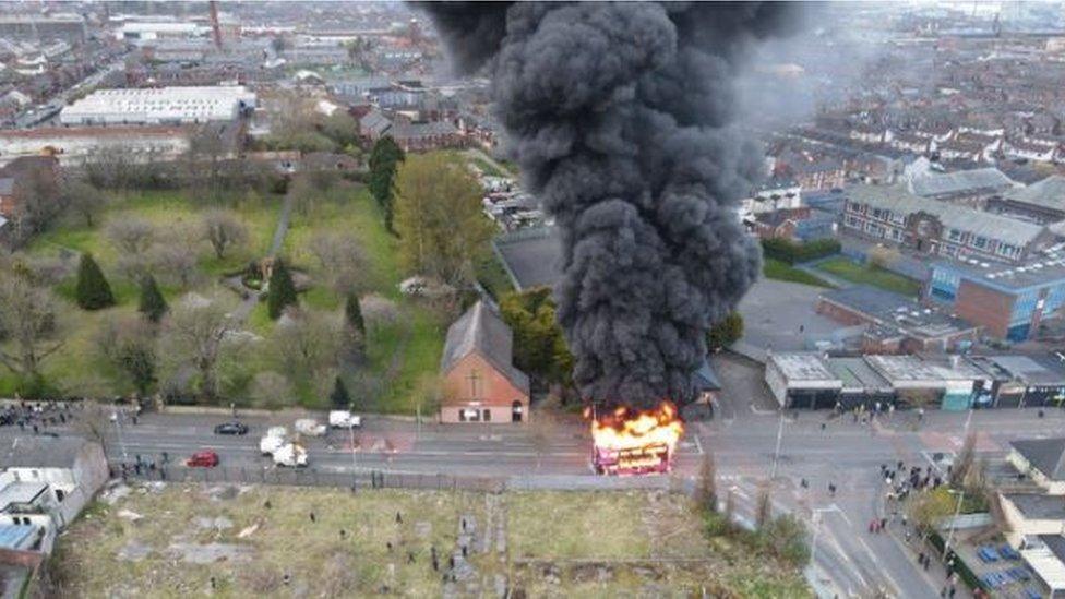 Drone footage shows the bus fire in the Shankill area