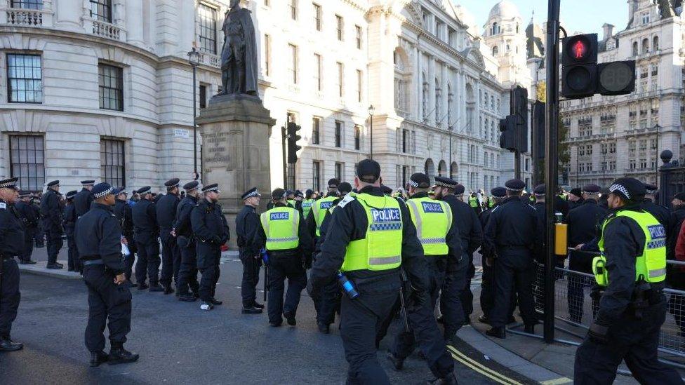 Police in Whitehall, central London before protests on 11 November 2023