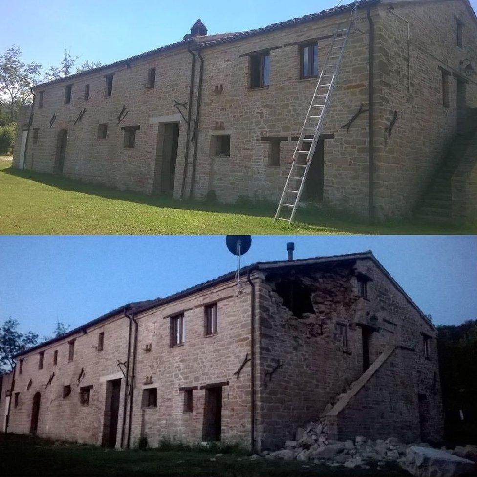 The Owens' house before and after the earthquake