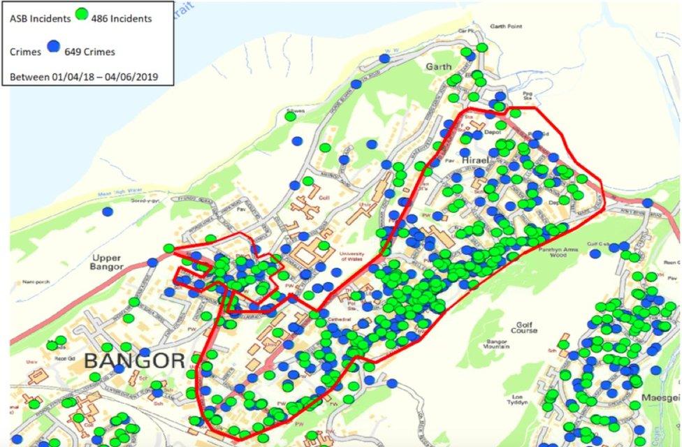 Crime and anti-social behaviour map of Bangor 2018-19