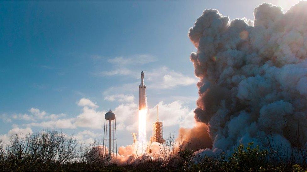 The SpaceX Falcon Heavy rocket launching