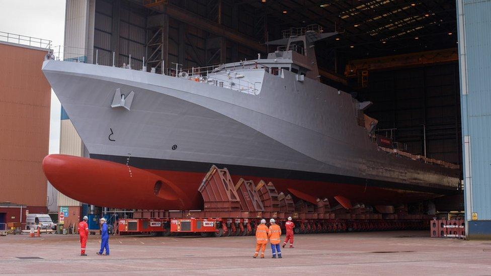 HMS Forth leaves the ship build hall at Govan