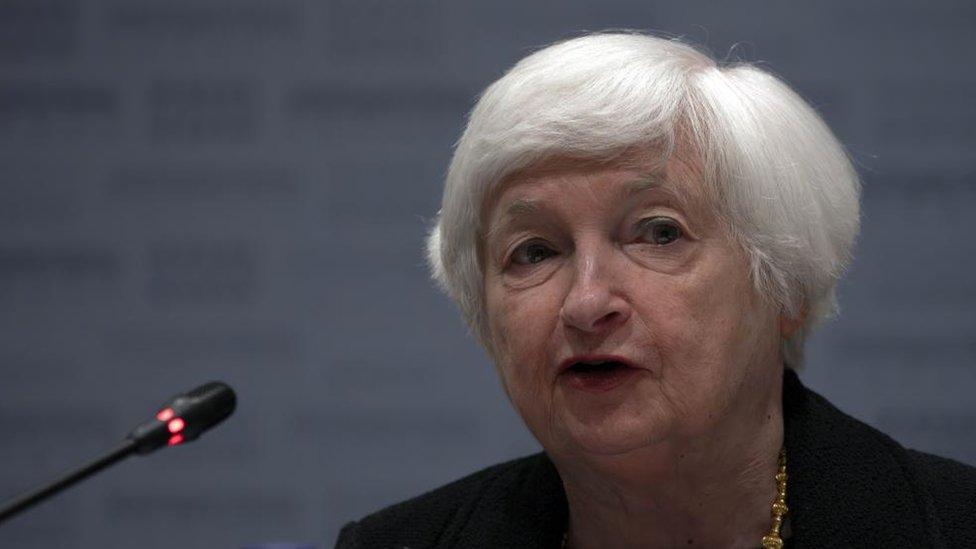 Treasury Secretary Janet Yellen speaks with members of the American business community in Beijing