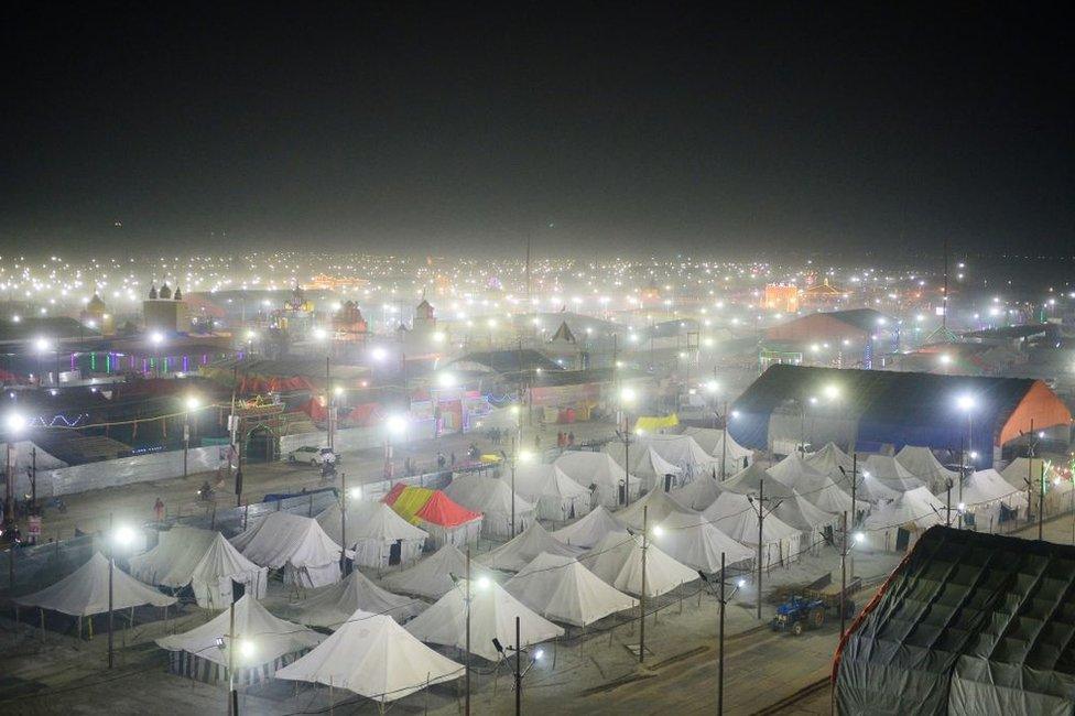 Tents are pitched on the banks of Sangam, the confluence of the Ganges, Yamuna and mythical Saraswati rivers, for the upcoming Kumbh Mela festival in Allahabad on January 9, 2019.