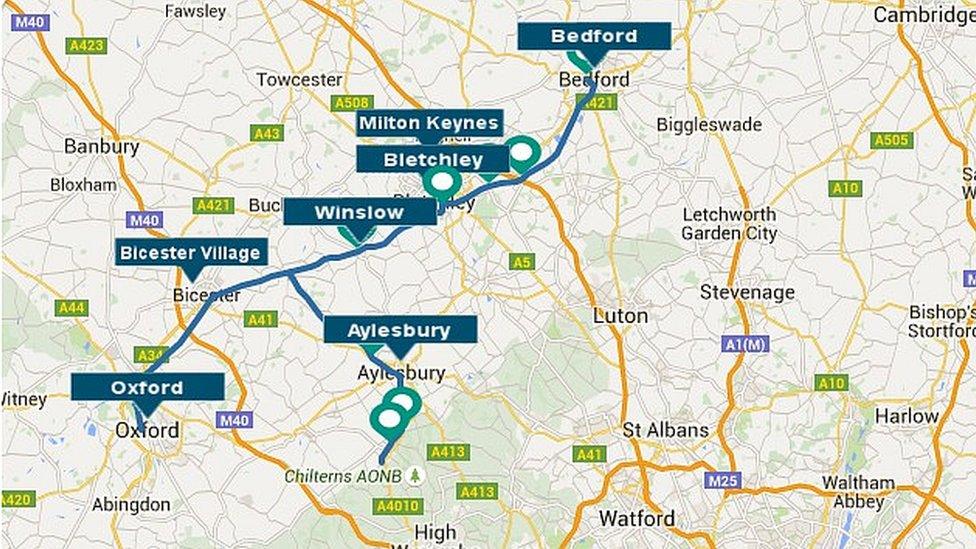 Map of phase two of East West Rail