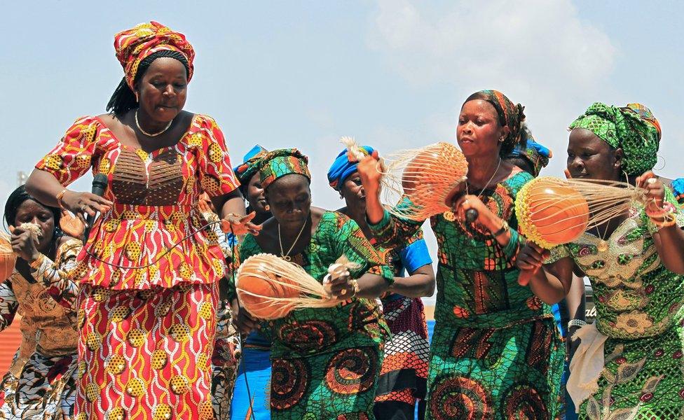 Liberian women perform to celebrate International Women"s Day at the Samuel Kanyon Doe Sports Stadium in Monrovia, Liberia, 08 March 2017.