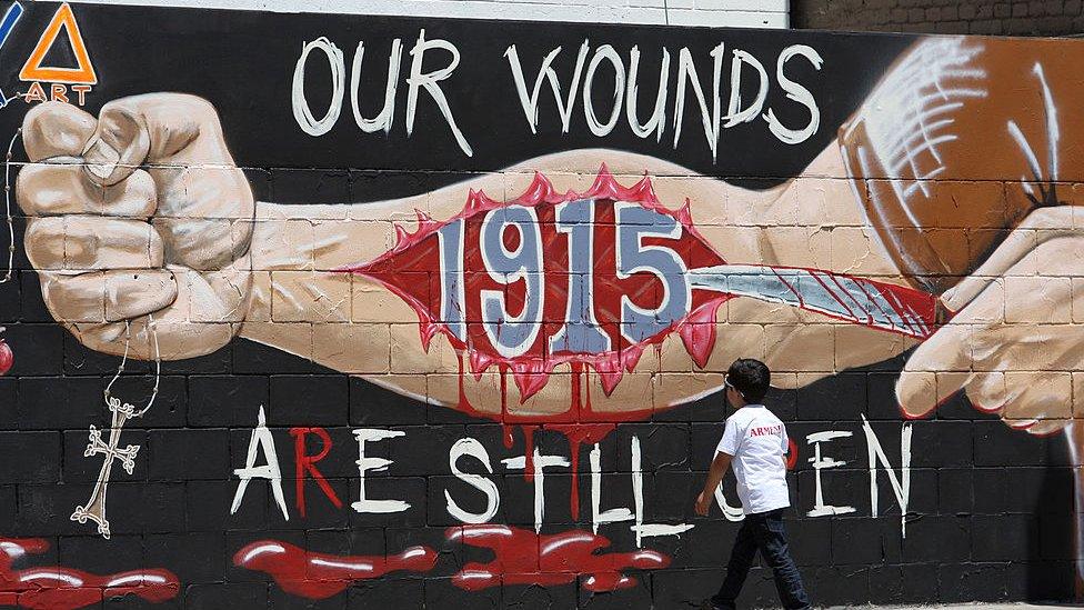 A mural commemorates the Armenian genocide in Los Angeles, California.