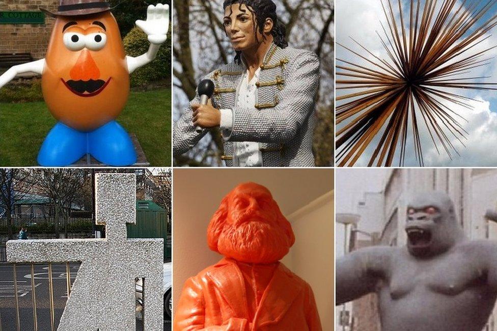 Composite of Mr Potato Head, Michael Jackson, B of the Bang, Lego Men, Karl Marx and King Kong statues