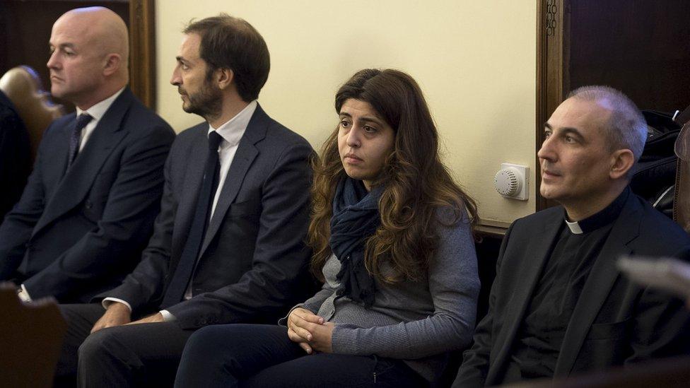 Spanish Monsignor Angel Lucio Vallejo Balda, Italian laywoman Francesca Chaouqui and journalists Emiliano Fittipaldi and Gianluigi Nuzzi on trial at the Vatican