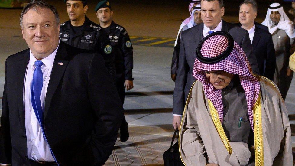 Mike Pompeo (L) arrives in Riyadh and is met by Minister of State for Foreign Affairs Adel al-Jubeir (R)