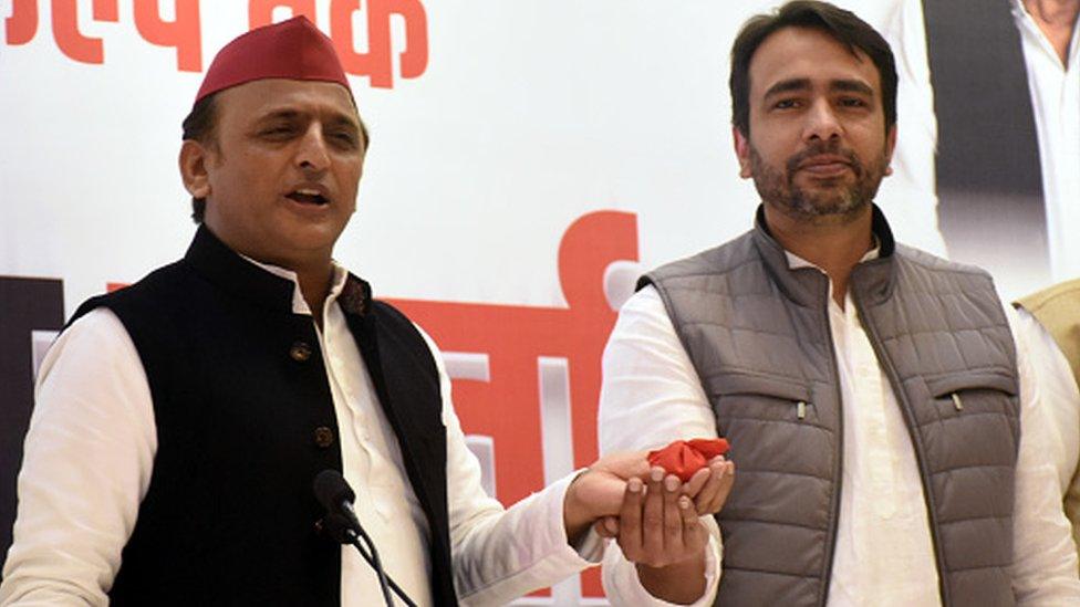 Samajwadi Party (SP) President Akhilesh Yadav and Rashtriya Lok Dal President Jayant Chaudhary during a press conference on January 29 , 2022 in Ghaziabad