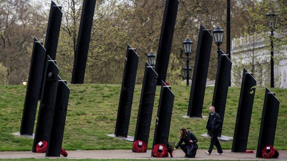 Tributes at the New Zealand war memorial during Anzac Day at Hyde Park Corner